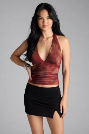 In My Dreams Plunge Halter Abstract Crop Top