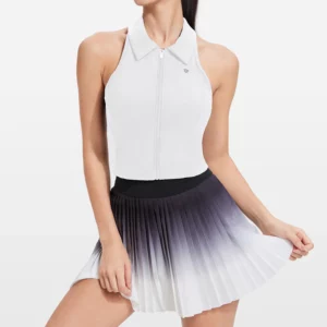 Women Tennis Suit Set, Polo Collar, Front Zipper, Badminton Sports Short Skirt