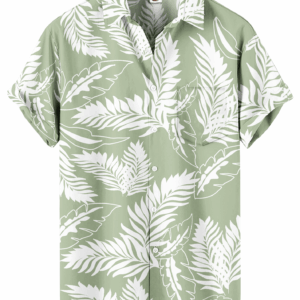 Sage Green Hawaiian Shirt – White Palm Leaf Floral Print,