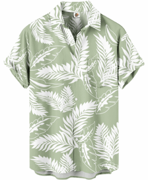 Sage Green Hawaiian Shirt &ndash; White Palm Leaf Floral Print,