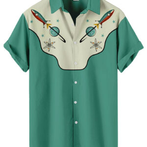 Rocket Print Hawaiian Shirt – Mint Green Retro Space Age Western Style