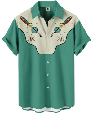 Rocket Print Hawaiian Shirt &ndash; Mint Green Retro Space Age Western Style