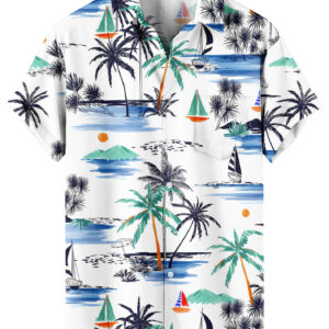 White Tropical Palm Trees and Sailboats Hawaiian Shirt –