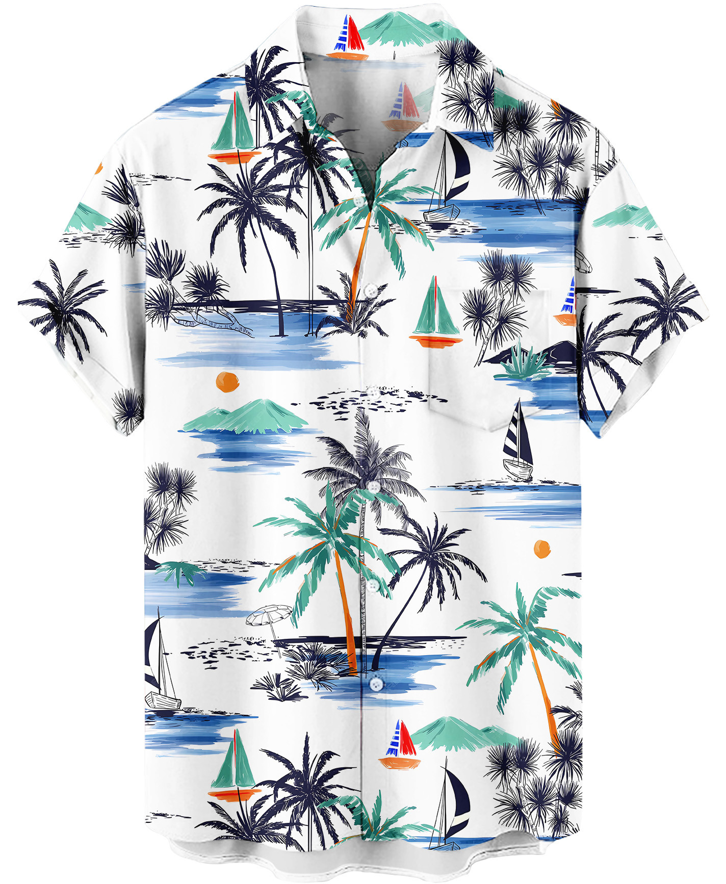 White Tropical Palm Trees and Sailboats Hawaiian Shirt – 1 White Tropical Palm Trees and Sailboats Hawaiian Shirt –