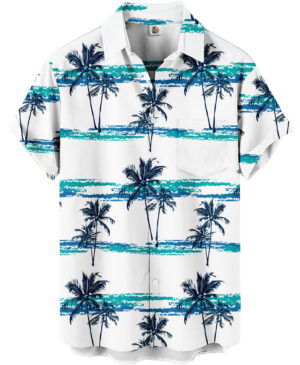 Palm Tree Hawaiian Shirt &ndash; White and Turquoise Stripes
