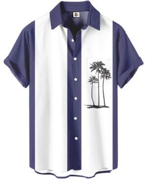Palm Tree Hawaiian Shirt &ndash; Navy Blue and White Striped
