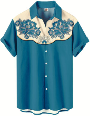 Western Shirt – Teal Blue Floral Embroidered