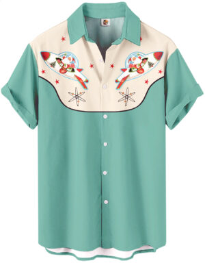 Retro Western Christmas Santa Mint Green Atomic Space Age Design Hawaiian Shirt