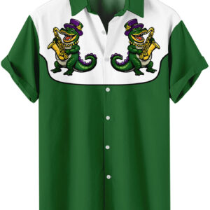 Mardi Gras Jazz Alligator  Green and White Western Hawaiian Shirt