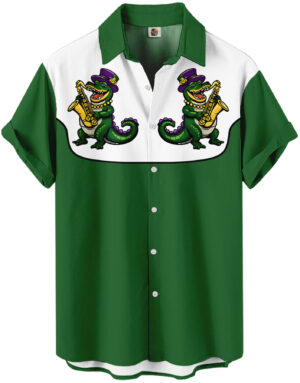 Mardi Gras Jazz Alligator  Green and White Western Hawaiian Shirt
