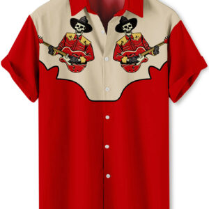 Western Skeleton Cowboy Guitar Player Design Red Beige  Hawaiian Shirt