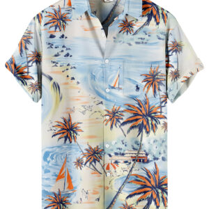 Beach Print Palm Trees Sailboats Light Blue Hawaiian Shirt