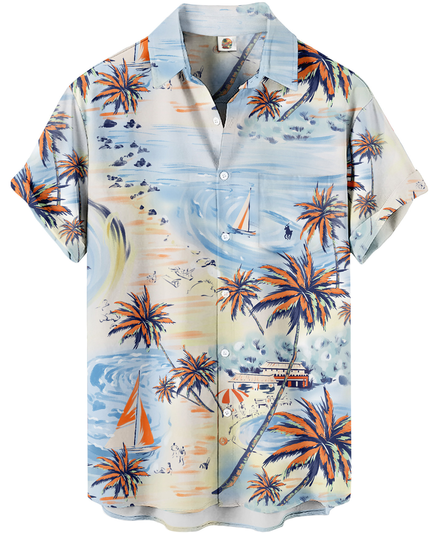Beach Print Palm Trees Sailboats Light Blue Hawaiian Shirt 1 Beach Print Palm Trees Sailboats Light Blue Hawaiian Shirt