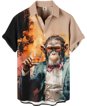 Summer Novelty Bowling Style Beige Black  Hawaiian Shirt