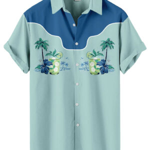 Tropical Print Palm Trees Mint Green Casual Beach Wear  Hawaiian Shirt