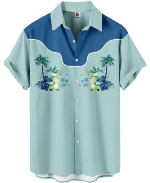 Tropical Print Palm Trees Mint Green Casual Beach Wear  Hawaiian Shirt