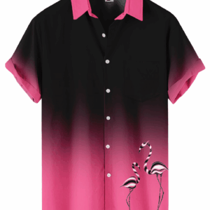 Black Pink Ombre Flamingo Print Casual Hawaiian Shirt