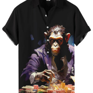 Poker Chimp Print  Black Hawaiian Shirt