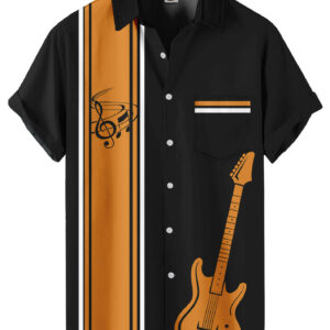 Music Guitar Print Black Orange Striped  Casual Hawaiian Shirt