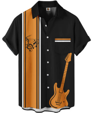 Music Guitar Print Black Orange Striped  Casual Hawaiian Shirt