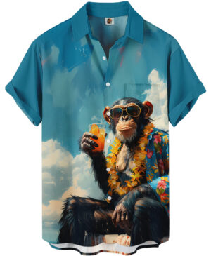 Cool Monkey Print Hawaiian Shirt &ndash; Tropical Turquoise Blue
