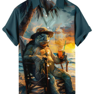 Teal Hawaiian Shirt – Beach Turtle Print, Casual Summer