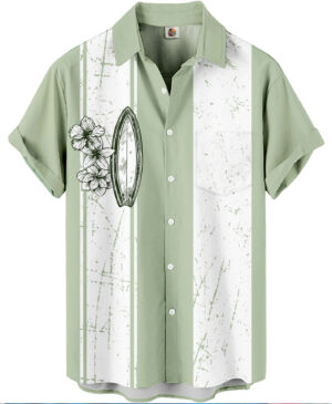 Sage Green Hawaiian Shirt – Surfboard and Floral Print