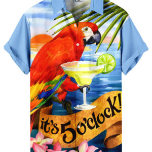 Light Blue Hawaiian Shirt – Parrot and 5 O'Clock Margarita Print