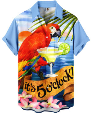 Light Blue Hawaiian Shirt &ndash; Parrot and 5 O'Clock Margarita Print