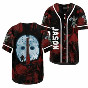 Men’s Jason Mask & Machete Horror Baseball Jersey – Perfect Halloween Fan Shirt