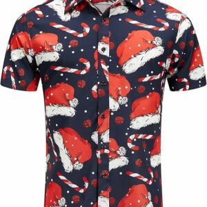 2025 Christmas Hawaiian Shirt – Santa Hat Print Button Down Holiday Shirt