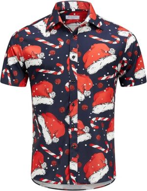 2025 Christmas Hawaiian Shirt – Santa Hat Print Button Down Holiday Shirt