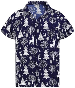2025 Christmas Santa Tree and Reindeer Hawaiian Shirt Blue