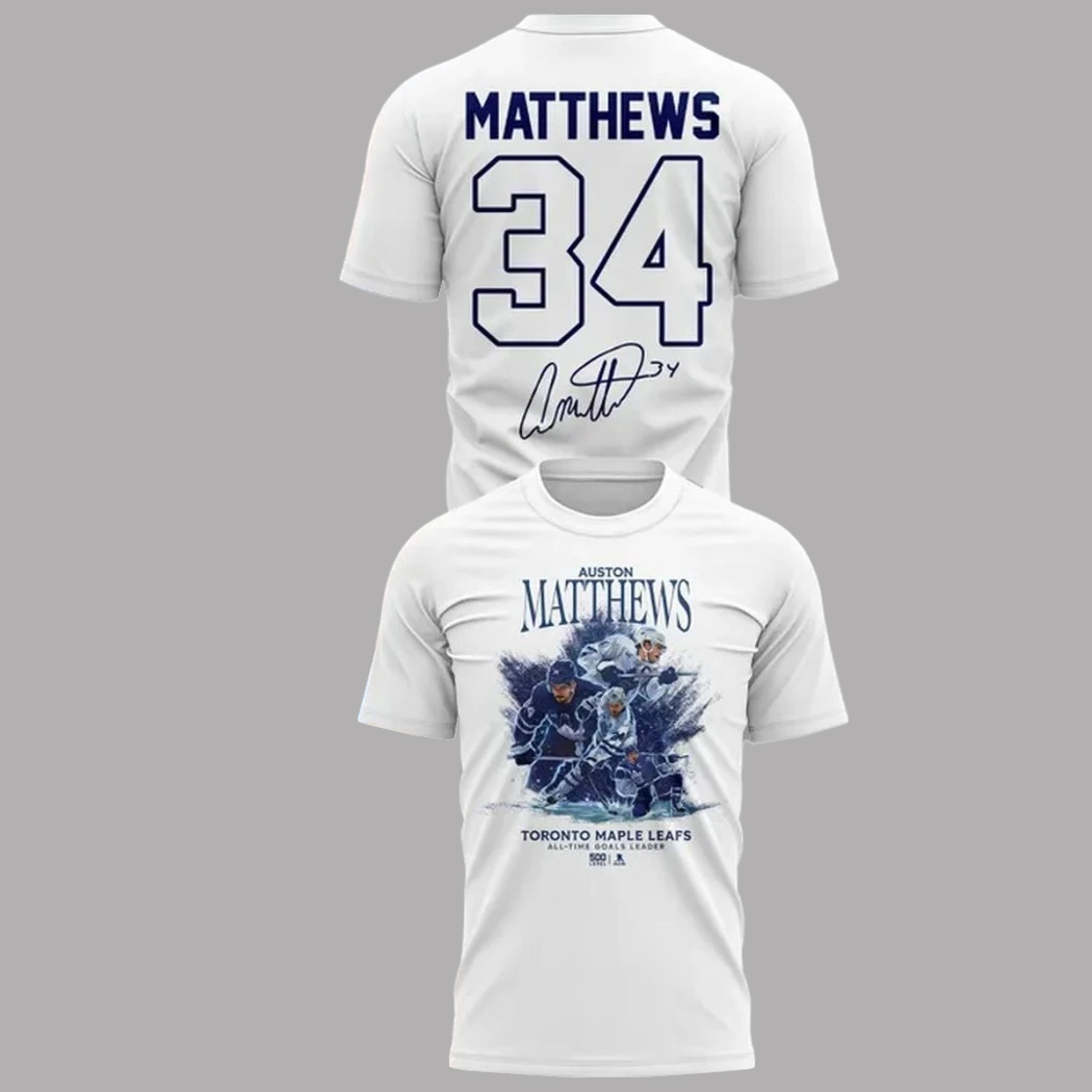 Auston Taylour Matthews Toronto Maple Leafs Number 34 All Time Goals Leader Signature T-Shirt 1 Auston Taylour Matthews Toronto Maple Leafs Number 34 All Time Goals Leader Signature T-Shirt