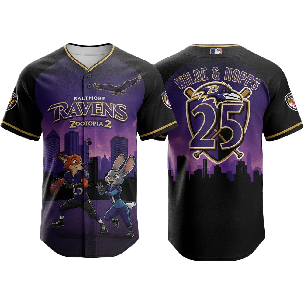 Baltimore Ravens Zootopia 2 Wilde Hopps Baseball Jersey 2025 1 Baltimore Ravens Zootopia 2 Wilde Hopps Baseball Jersey 2025