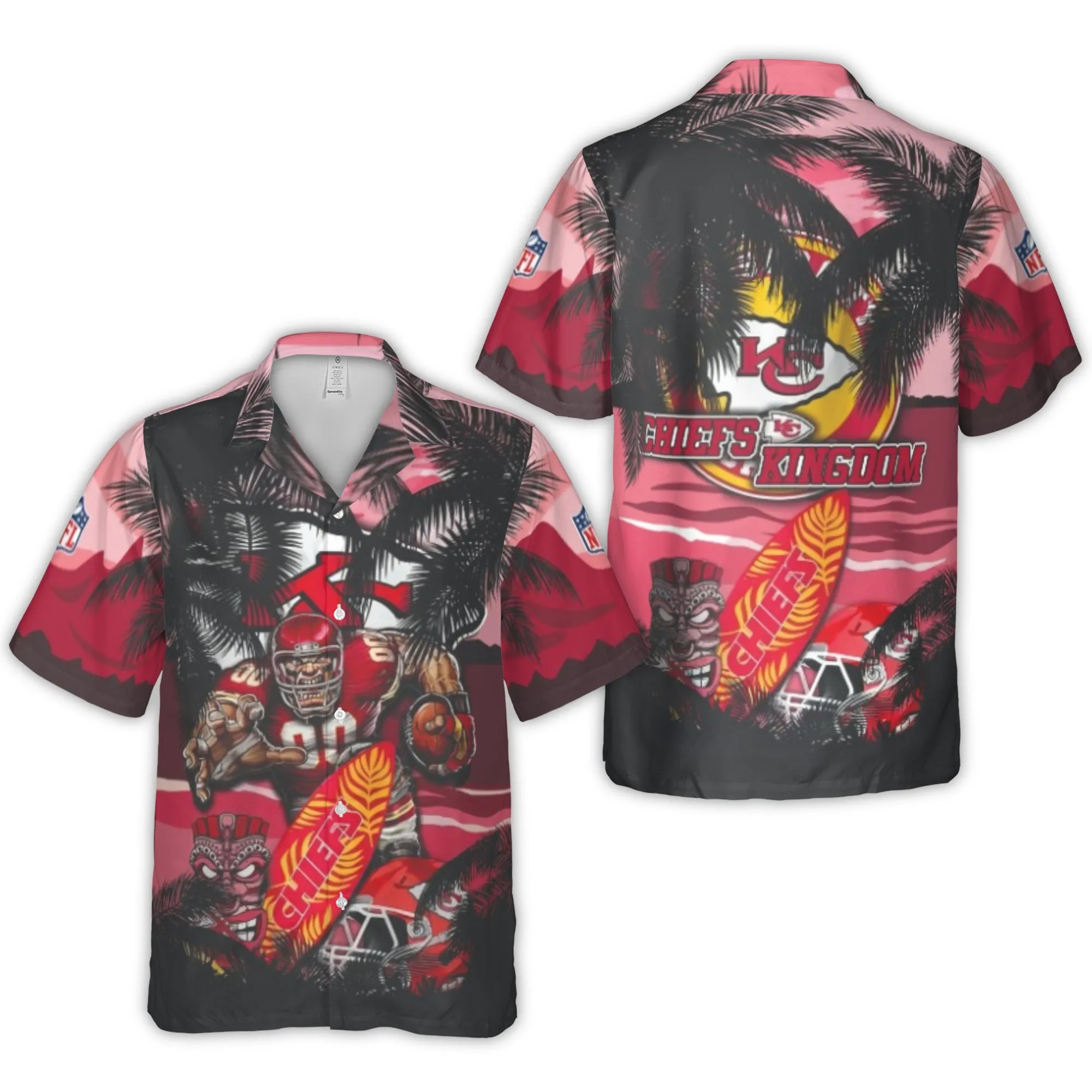 Chiefs Kingdom Kansas City Chiefs Tropical Tiki Surfboard Hawaiian Shirt 1 Chiefs Kingdom Kansas City Chiefs Tropical Tiki Surfboard Hawaiian Shirt