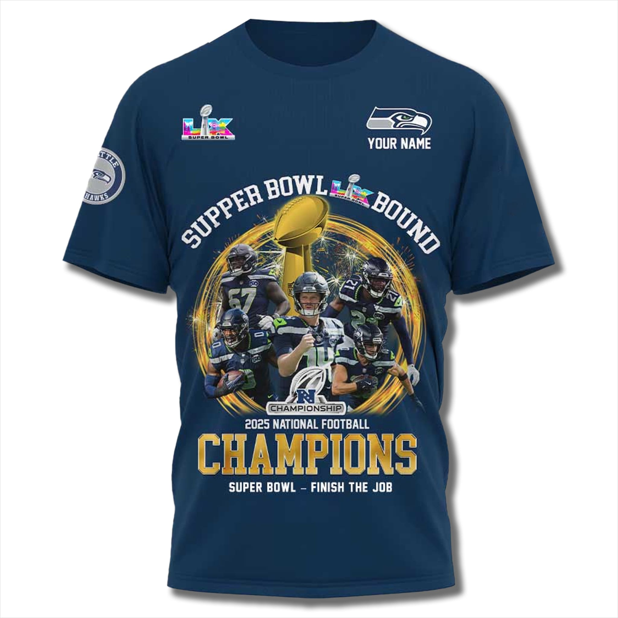 Custom Name Seattle Seahawks 2025 NFC Championship Finish The Job T-Shirt 1 Custom Name Seattle Seahawks 2025 NFC Championship Finish The Job T-Shirt