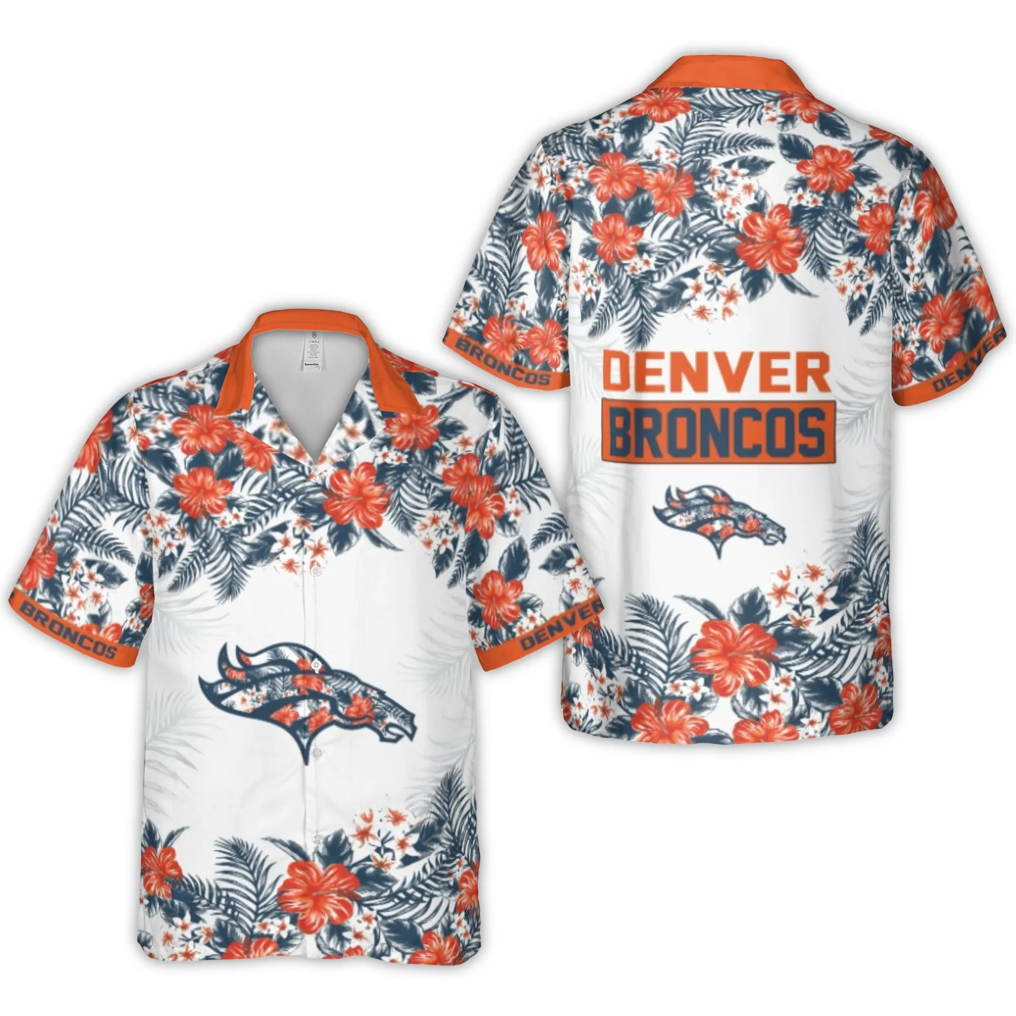 Denver Broncos Logo With Floral Tropical Pattern Hawaiian Shirt 1 Denver Broncos Logo With Floral Tropical Pattern Hawaiian Shirt