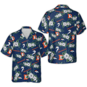 Denver Broncos Logo With Hibiscus Flowers And Tropical Leaves Hawaiian Shirt