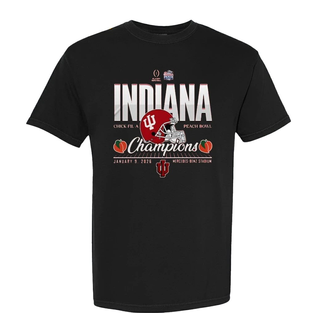 Indiana Hoosiers Chick-fil-A Peach Bowl 2025-2026 Champions Helmet Shirt 1 Indiana Hoosiers Chick-fil-A Peach Bowl 2025-2026 Champions Helmet Shirt