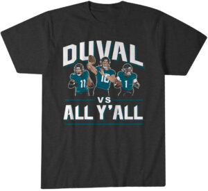 Jacksonville Jaguars Trevor Lawrence, Travis Etienne and Parker Washington Duval vs. All Y'all T-Shirt