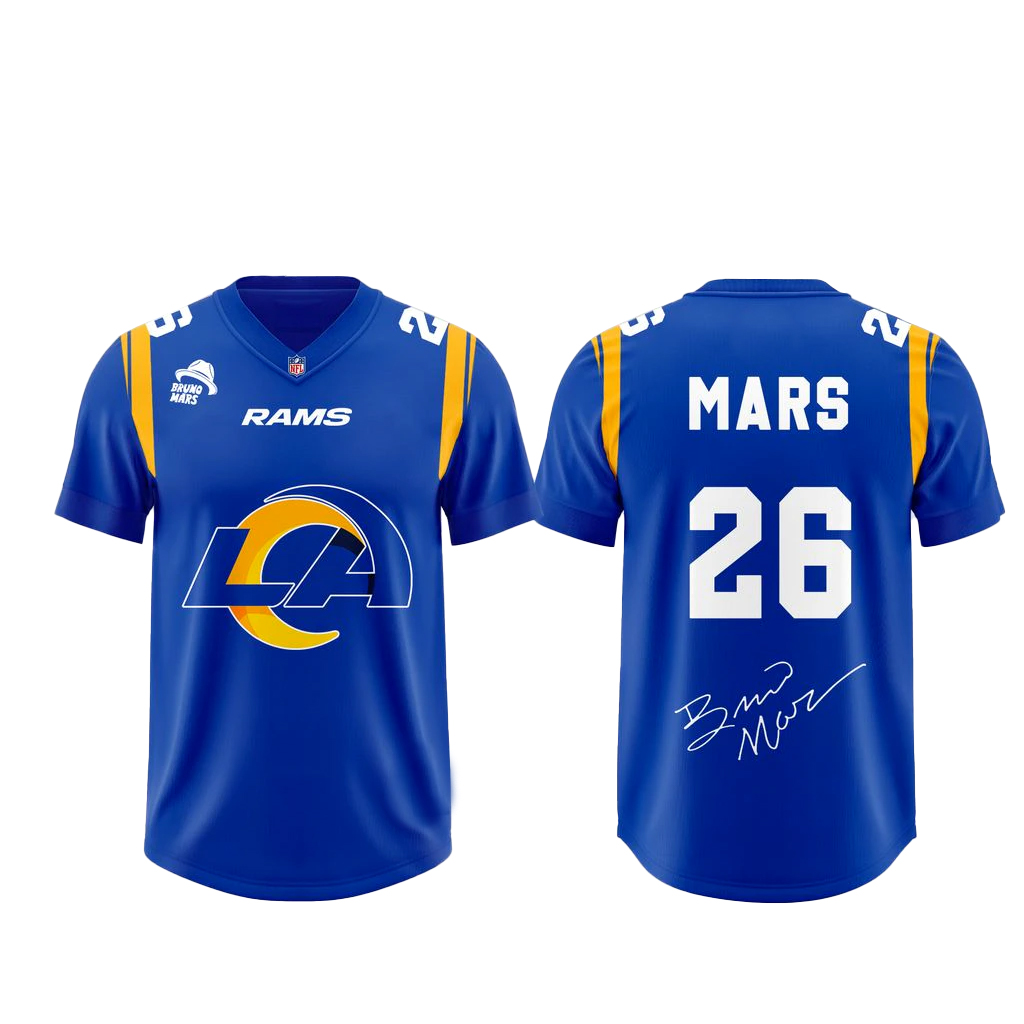 Los Angeles Rams x Bruno Mars The Romantic Tour 2026 Football Jersey 1 Los Angeles Rams x Bruno Mars The Romantic Tour 2026 Football Jersey