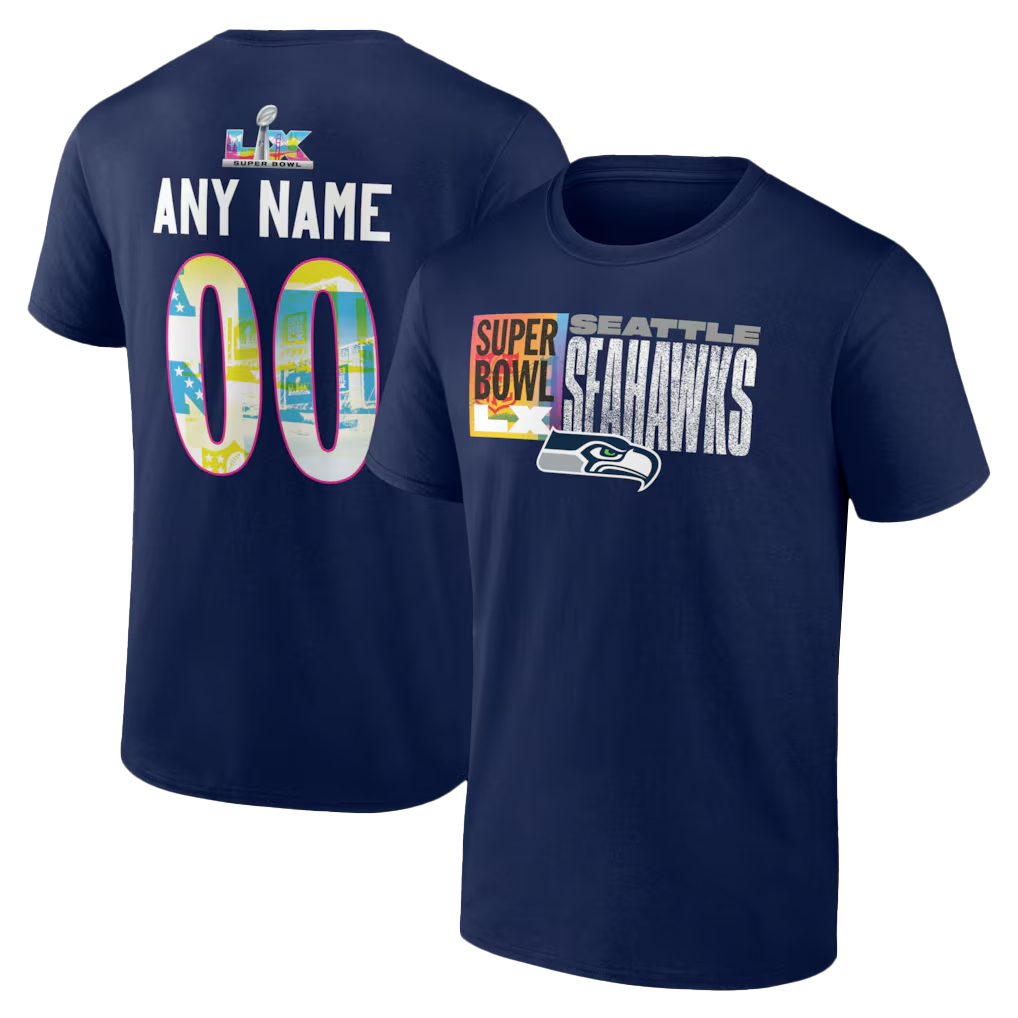 Seattle Seahawks College Navy Super Bowl LX Custom Name & Number T-Shirt 1 Seattle Seahawks College Navy Super Bowl LX Custom Name & Number T-Shirt