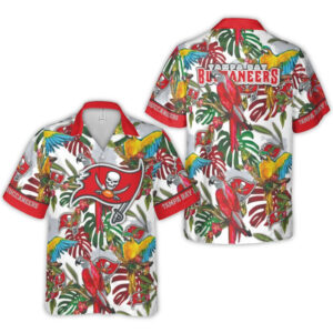 Tampa Bay Buccaneers With Tropical Parrots And Leaves Hawaiian Shirt