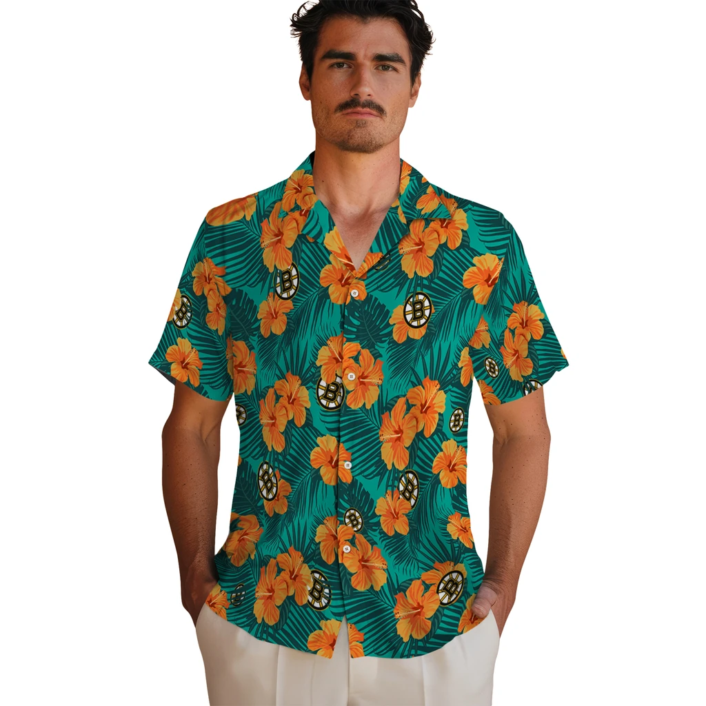 Boston Bruins Hawaiian Shirt - Hibiscus and Palm Leaves 2 Boston Bruins Hawaiian Shirt - Hibiscus and Palm Leaves - Image 2