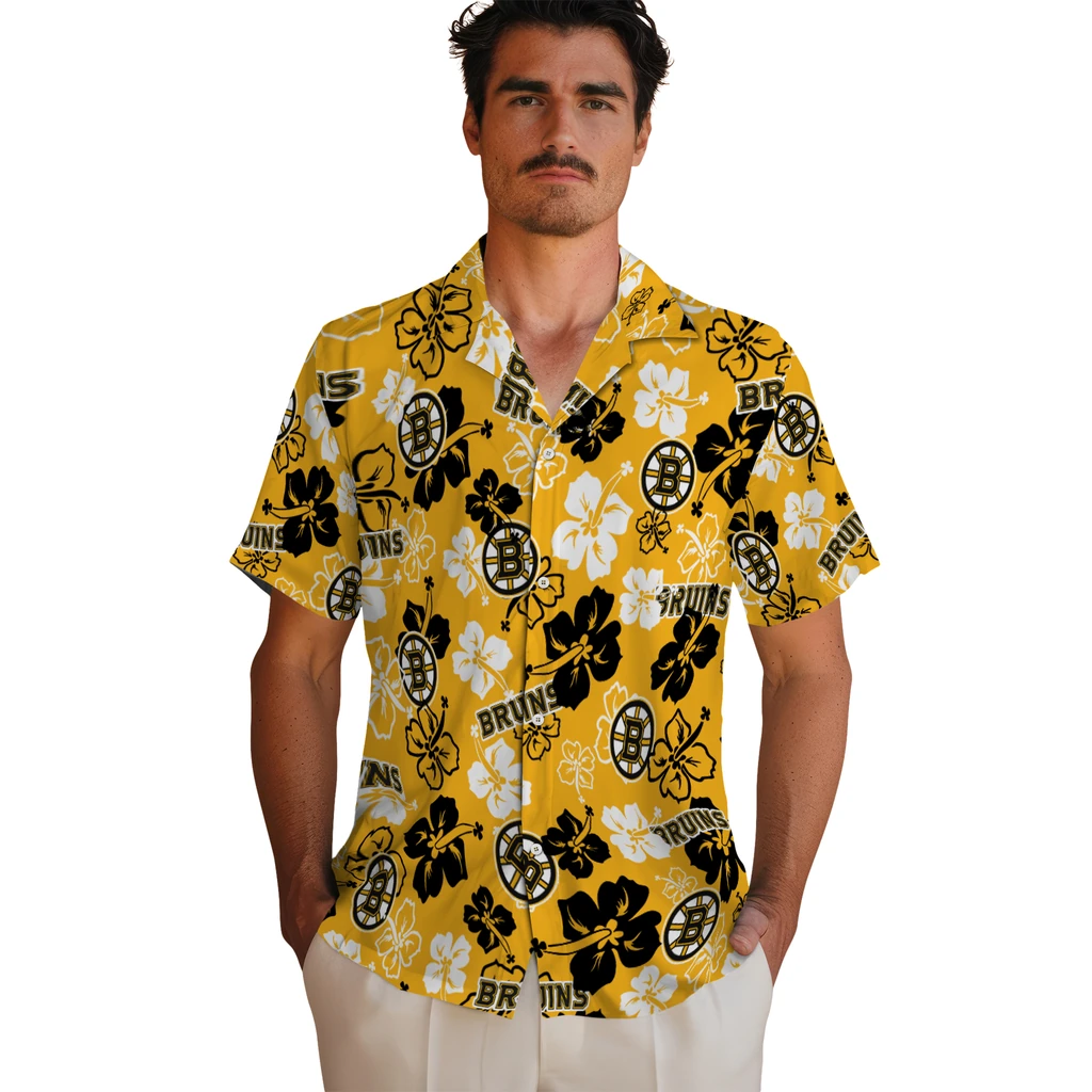 Boston Bruins Hawaiian Shirt - Hibiscus Flower Design 2 Boston Bruins Hawaiian Shirt - Hibiscus Flower Design - Image 2