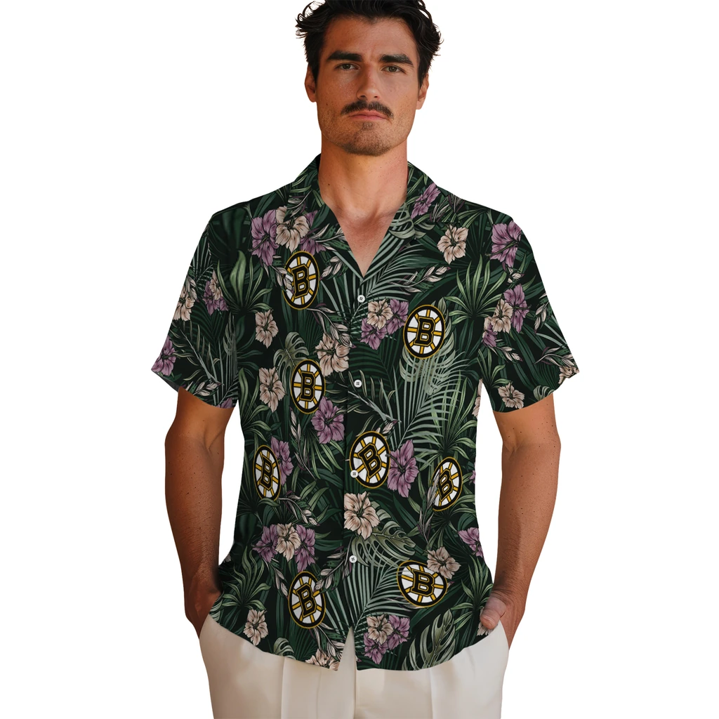 Boston Bruins Hawaiian Shirt - Hibiscus Leaves Pattern 2 Boston Bruins Hawaiian Shirt - Hibiscus Leaves Pattern - Image 2