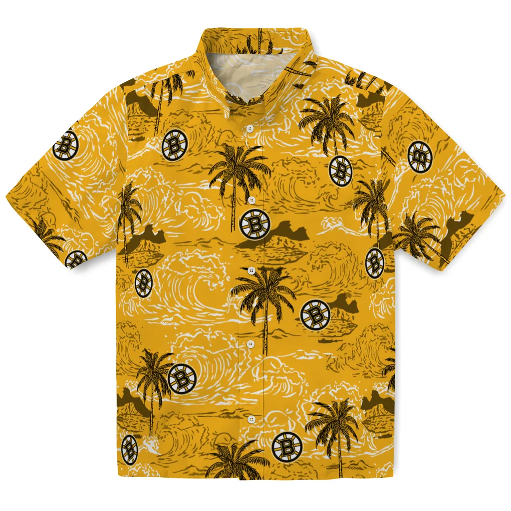 Boston Bruins Hawaiian Shirt - Wave Palm 1 Boston Bruins Hawaiian Shirt - Wave Palm