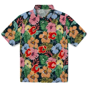 Calgary Flames Hawaiian Shirt - Brilliant Hibiscus Garden