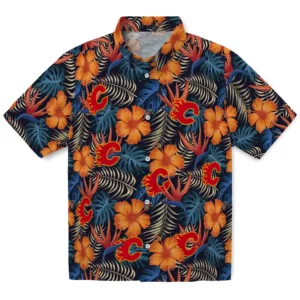 Calgary Flames Hawaiian Shirt - Hibiscus Foliage